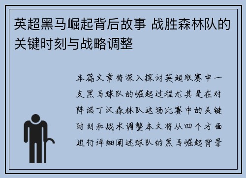 英超黑马崛起背后故事 战胜森林队的关键时刻与战略调整
